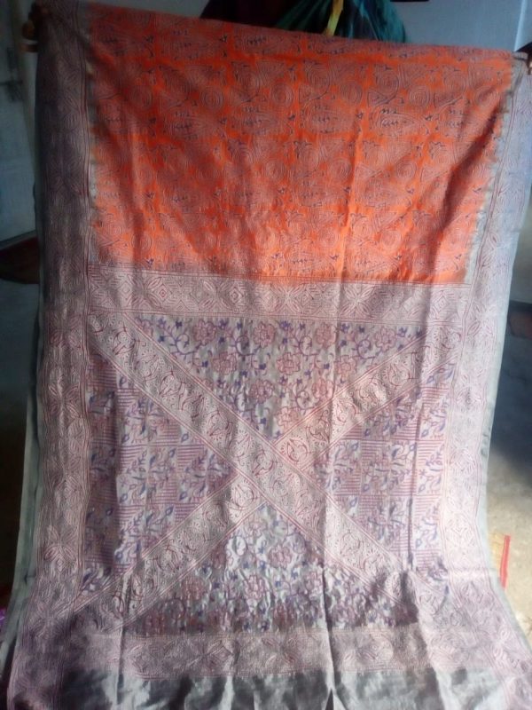 Kantha Stitch Grey Orange Pure Silk Saree