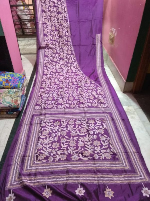 Kantha Stitch Purple Bangalore Silk Saree