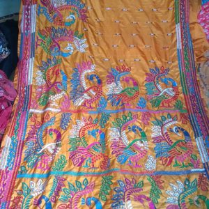Kantha Stitch Yellow Silk Saree