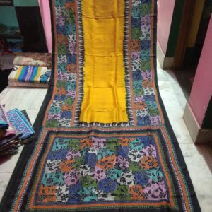 Kantha Stitch Black & Yellow Pure Silk Saree
