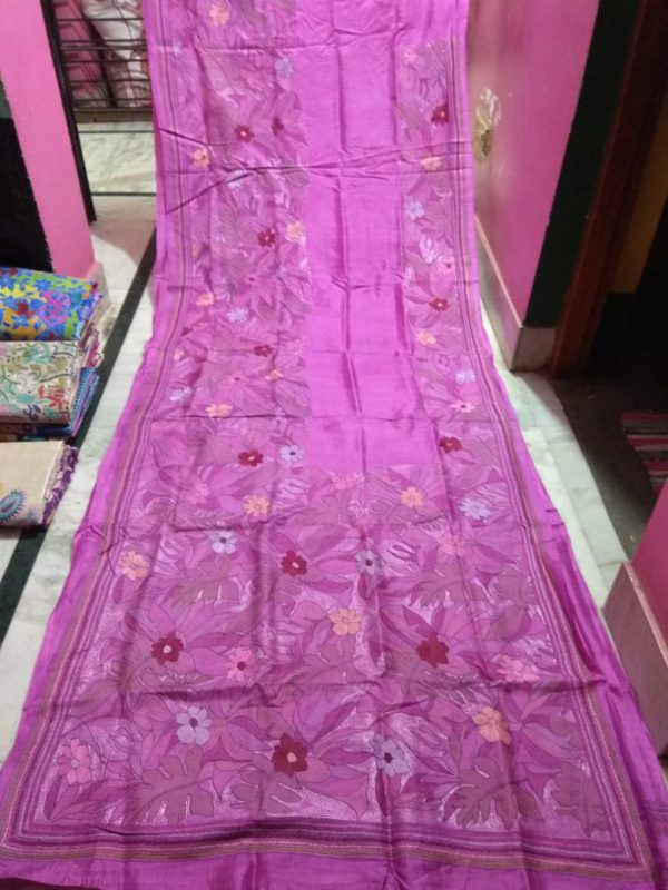 Kantha Stitch Pink Body Pure Silk Saree