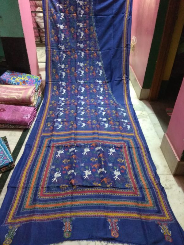 Kantha Stitch Blue Body Pure Silk Saree