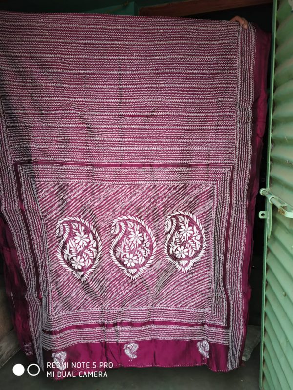 Kantha Stitch Maroon Bangalore Silk Saree