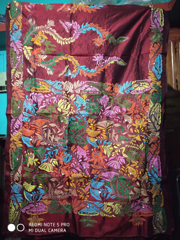 Kantha Stitch Maroon Pure Silk Saree